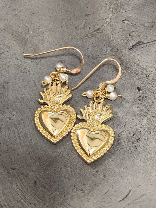 Sacred Heart Seed Pearl Earrings
