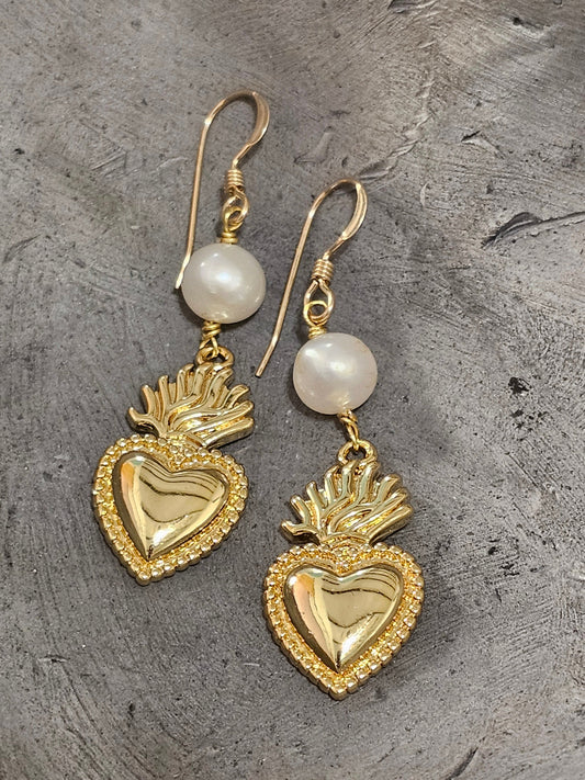 Sacred Heart Gold Pearl Earrings
