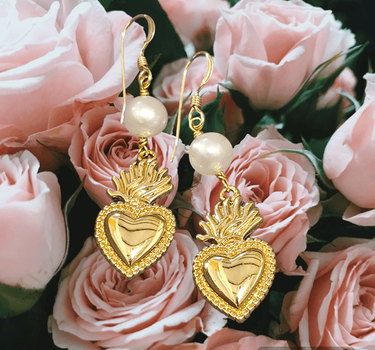 Sacred Heart Gold Pearl Earrings