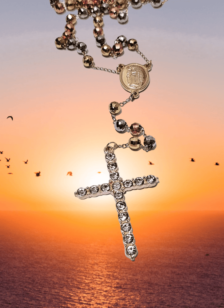 
                
                    Load image into Gallery viewer, Rosary Tri-Color Cz Cross Necklace
                
            