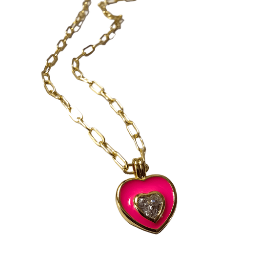 Pink Cz Enamel Heart Necklace