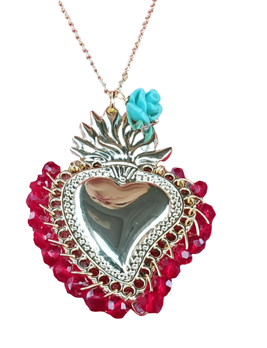 Sacred Heart Crystal Rose Necklace