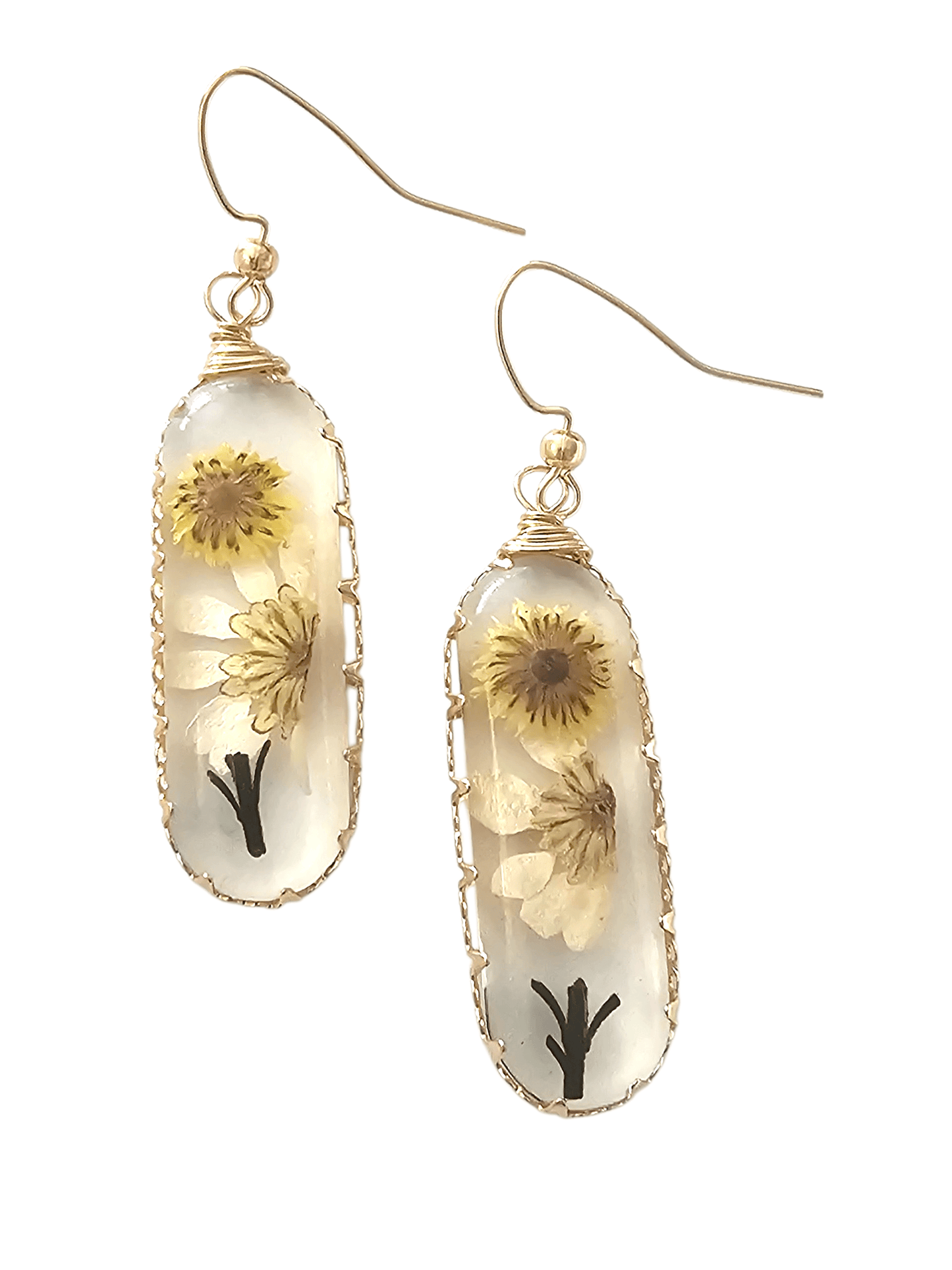 Golden Wildflower Resin Earrings – Botanical Flower Gold Dangle Earrings ilaments Jewelry
