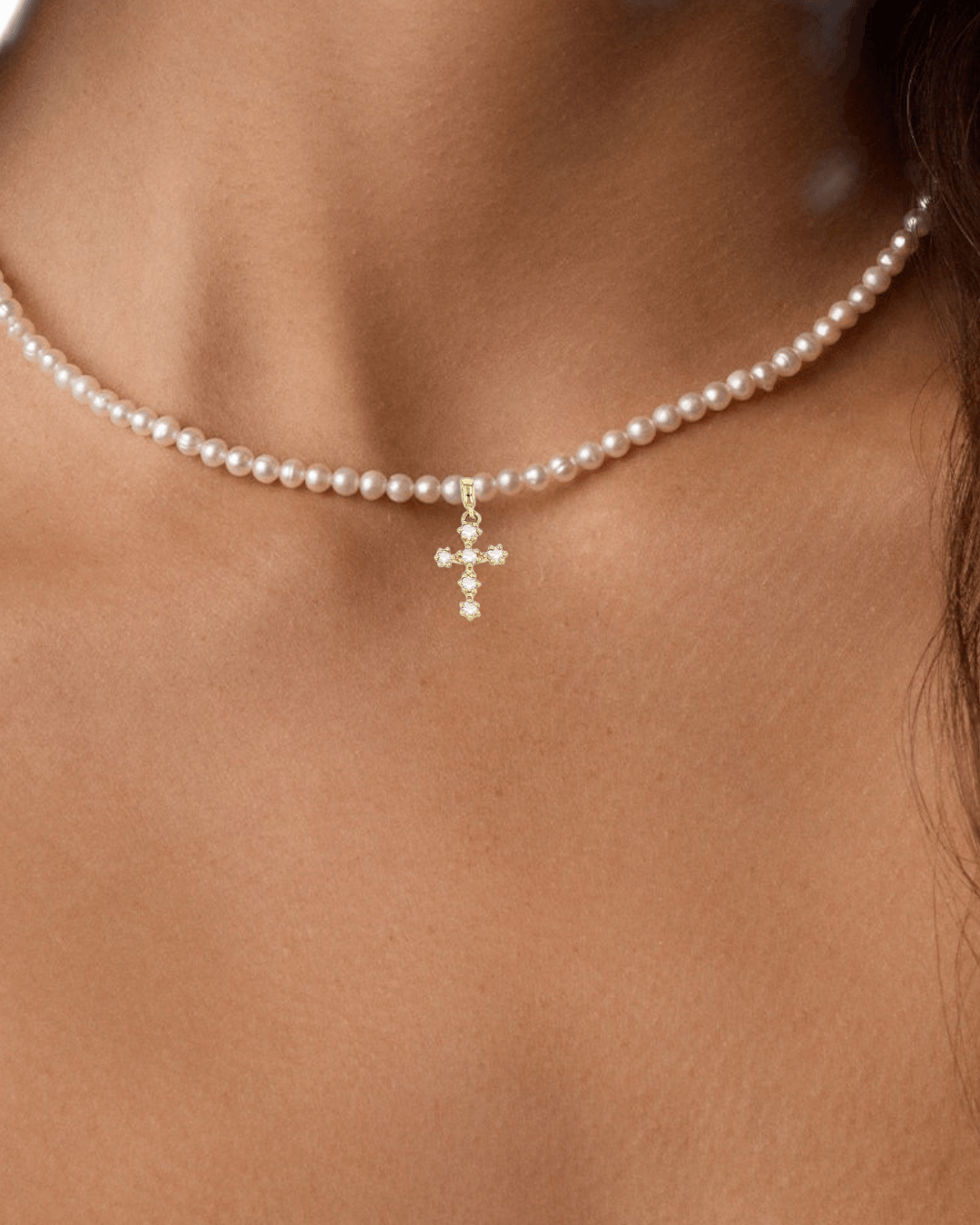 14kt Diamond Cross Charm on Freshwater Pearl Strand ilaments Jewelry