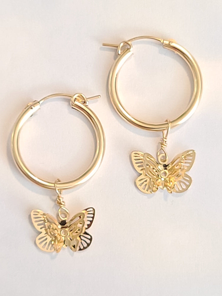 
                
                    Load image into Gallery viewer, Butterfly 14kt Gold Fill Hoop Earrings
                
            