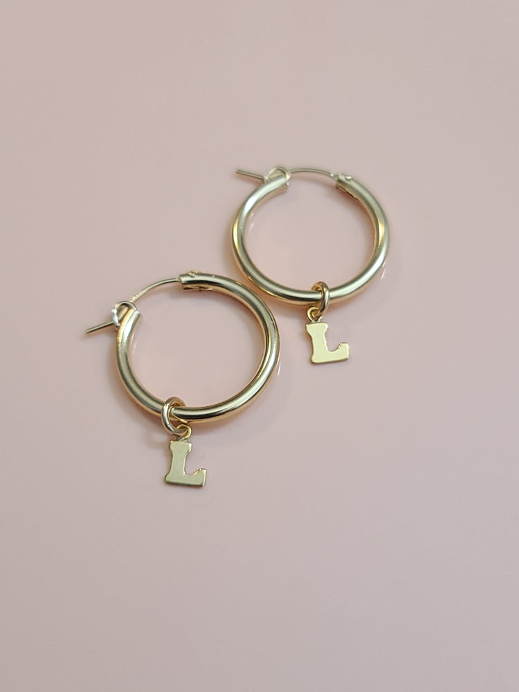 
                
                    Load image into Gallery viewer, Initial 14kt Gold Fill Hoop Earrings
                
            