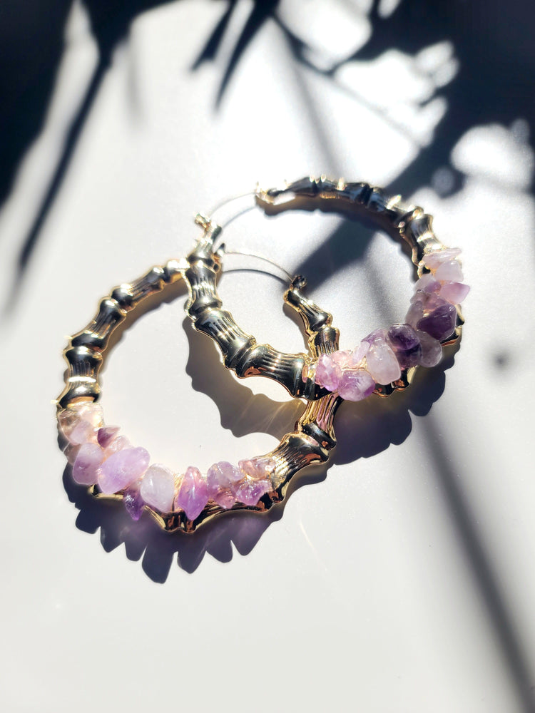 Amethyst Bamboo Hoop Earrings