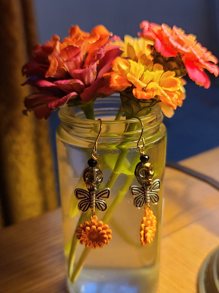 
                
                    Load image into Gallery viewer, Sugar Skull Butterfly Marigold Earrings
                
            