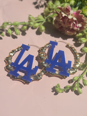 
                
                    Load image into Gallery viewer, LA Dodger Reina Blue Bamboo Hoop Earrings
                
            