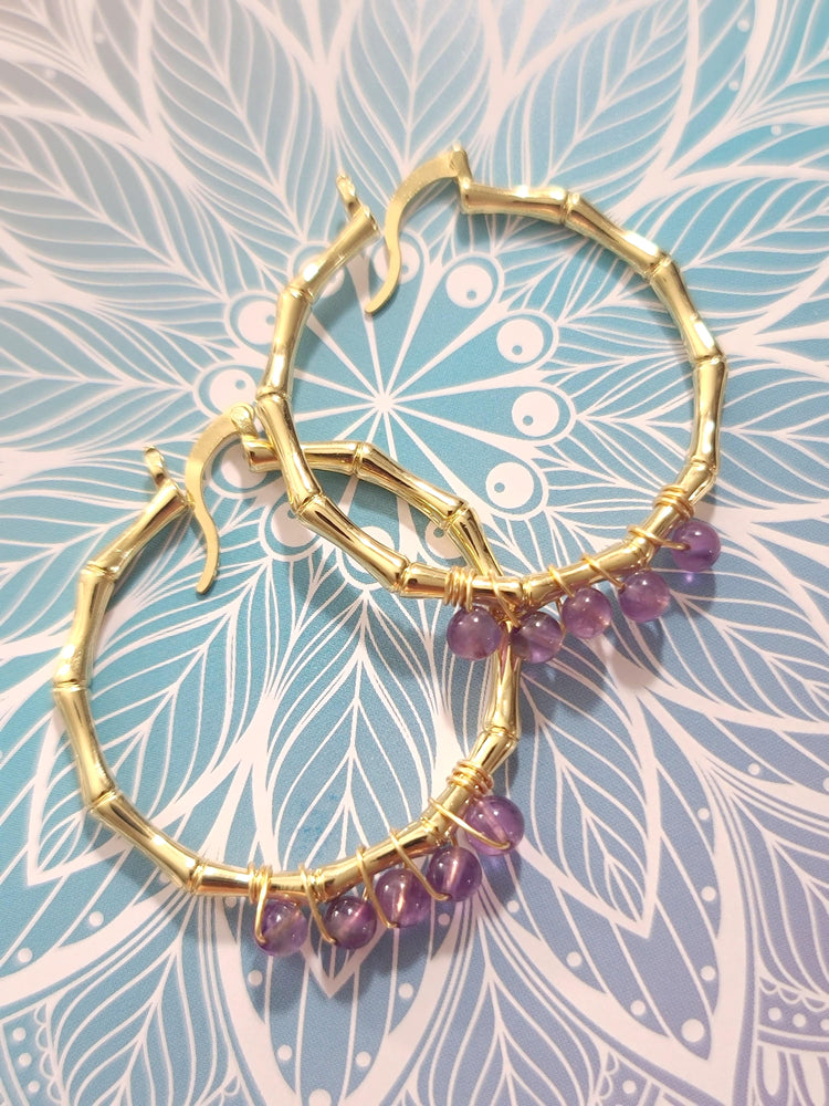 Amethyst Bamboo Hoop Earrings