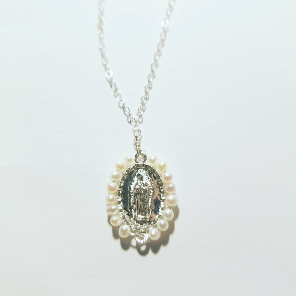 
                
                    Load image into Gallery viewer, Virgen de Guadalupe Pearl Charm Necklace
                
            