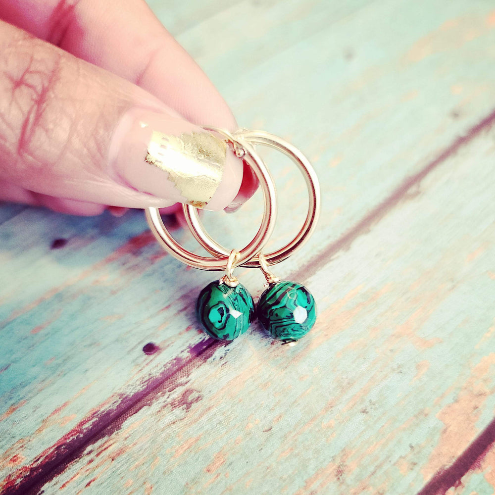 
                
                    Load image into Gallery viewer, Malachite 14kt Gold Fill Hoop Earrings
                
            