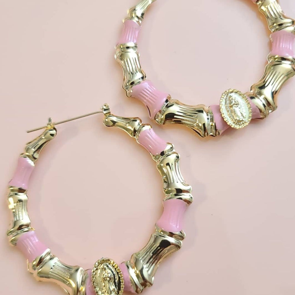 Virgen Pink Enamel Bamboo Hoops