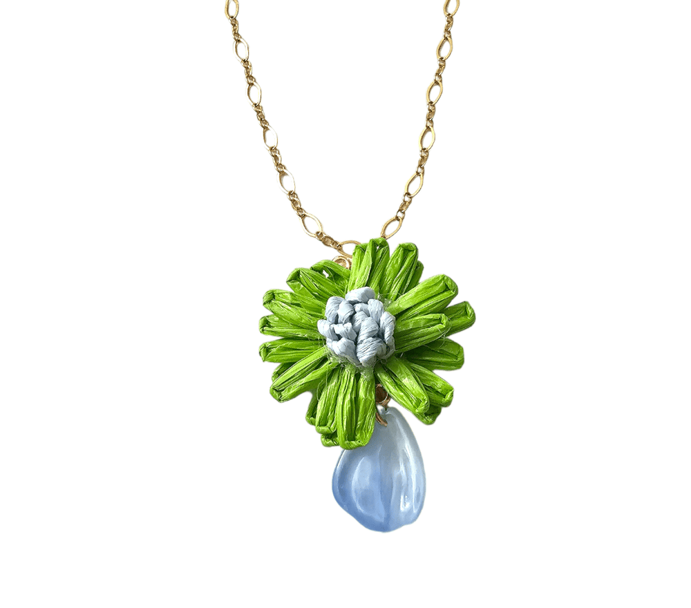 Raffia Green Floral Glass Necklace